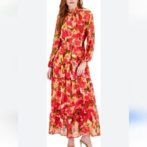 NWT Taylor Floral Chiffon Smocked Neck Sheer Ling Sleeve Belted Maxi Dress